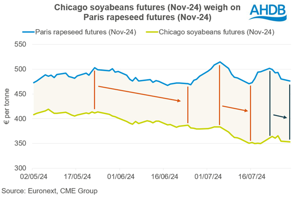 Graph showing Paris rapeseed futures premium over Chicago soyabeans futures.